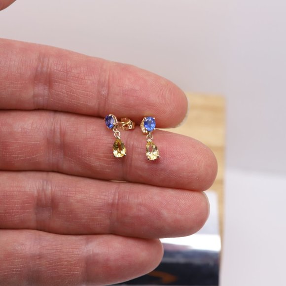 Cute Small Dangle Earrings 14k Yellow Gold Blue Sapphire and Yellow Citrine - Picture 3 of 9